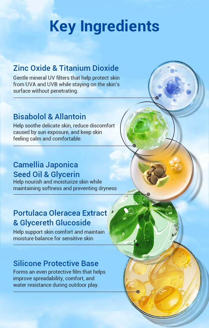 Chart showcasing key ingredients in skincare: zinc oxide, titanium dioxide, bisabolol, allantoin, camellia japonica seed oil, glycerin, portulaca oleracea extract, glyceryth glucoside, silicone base.